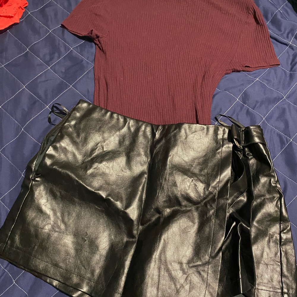 Burgundy Top and Black Faux Leather Skort Set and extra shirt